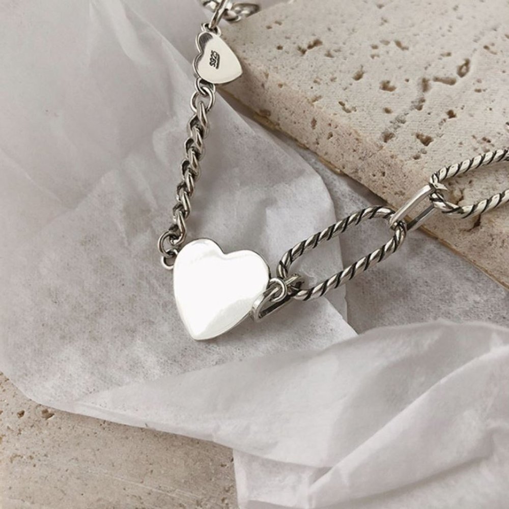 925 Sterling Silver Heart Link Bracelet Minimalist Dainty Silver Bracelet - Picture 4 of 7